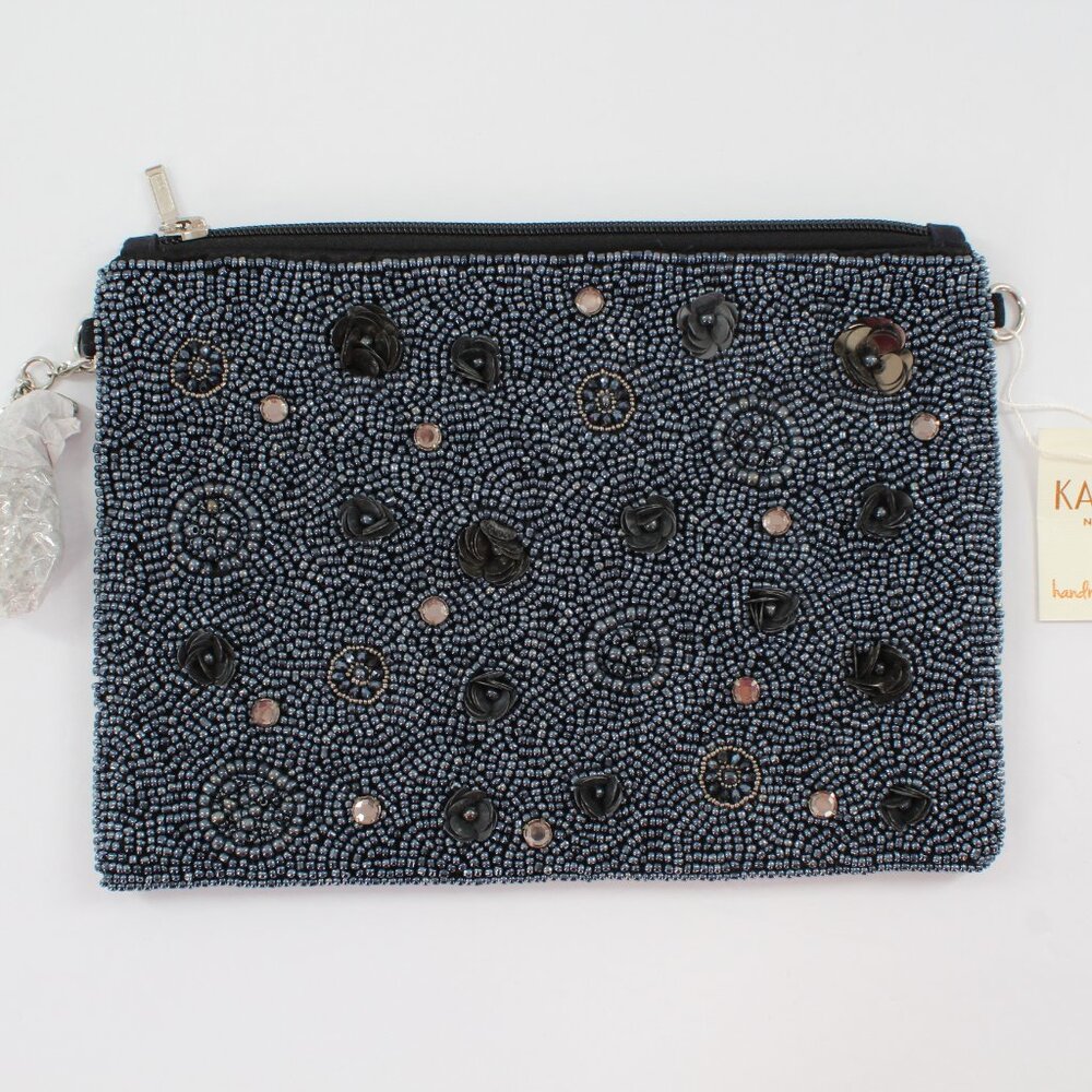 KAYLEE Black Flower Beaded Evening Zip Tp Clutch Crossbody Bag NWT Made in India